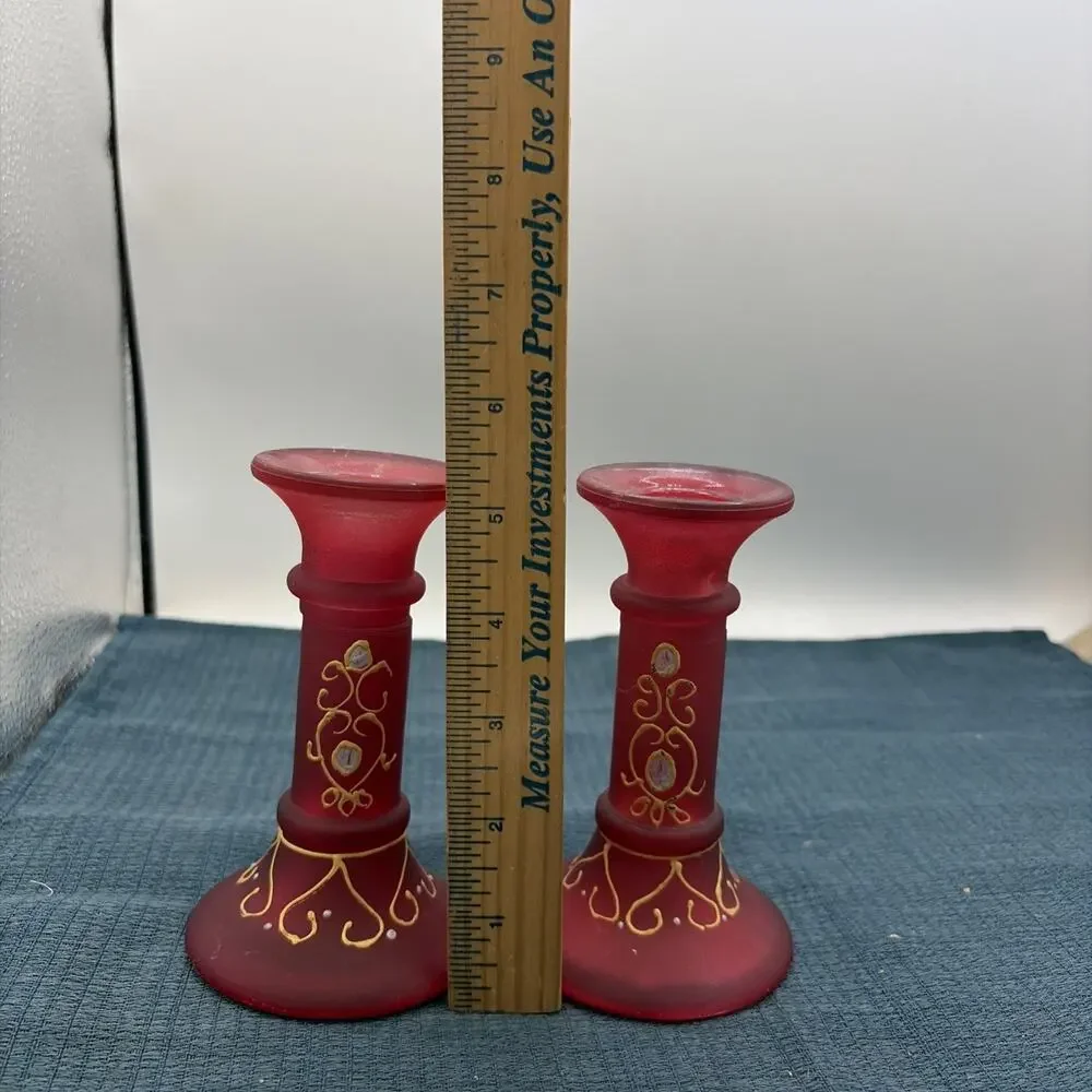 Two Vintage Gaomi Hand-Painted Pink Cranberry Glass Taper Candle Stick Holders